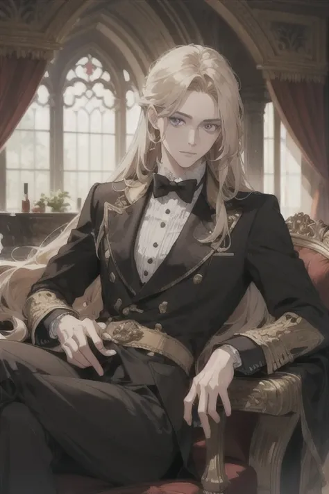 aristocrat boy with long golden hair and purple eyes