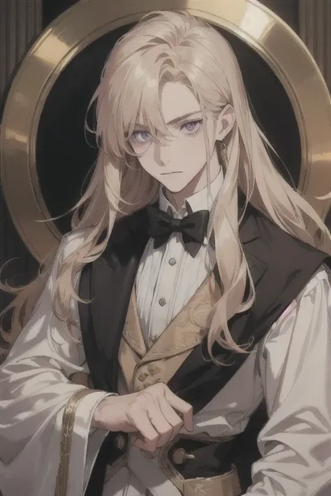 aristocrat boy with long golden hair and purple eyes