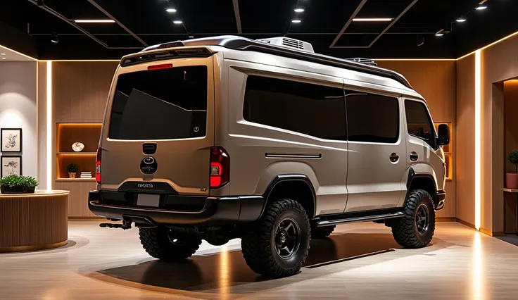 A back view of a beautiful rugged Toyota motorhome camper truck in a fully wide body in a luxury showroom that shows very expensive 