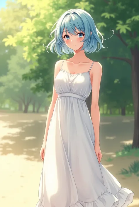  best quality, masterpiece, sharp focus, high resolution,  , 8k, 1 , Alone, beautifully detailed full body illustration of a beautiful woman wearing a white summer dress,  short curly hair, light blue hair, outside, is, sunlight