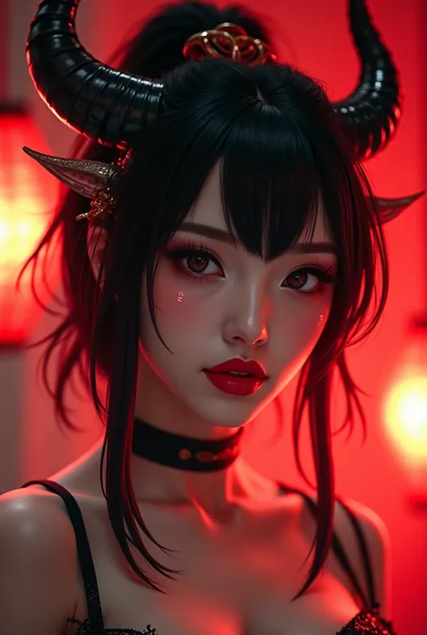 Nyotengu, ( of the best quality, very detailed), (Realistis:1.37), Beautiful face and detailed , tekstur sangat Realistis, red lipstick, bright colors. Definisi tinggi, 8k,  expression with sexy and sexy and there is a number 432D