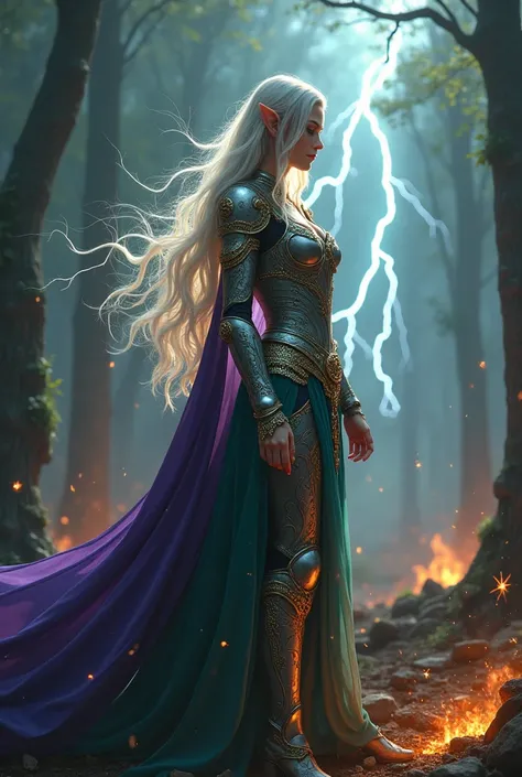 "A breathtakingly beautiful and elegant elf woman clad in intricately designed, silver and gold-plated medieval armor, adorned with delicate filigree patterns and glowing elven runes. Her long, flowing hair shimmers like spun moonlight, cascading over her ...