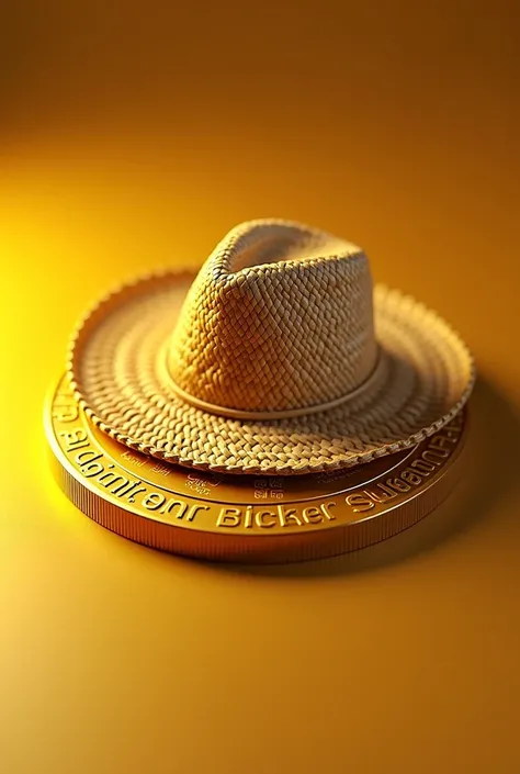 Create a gold cryptocurrency with the dollar logo and on top of the dollar a straw hat that is inside the coin and around the coin must have “Camba Coins” written