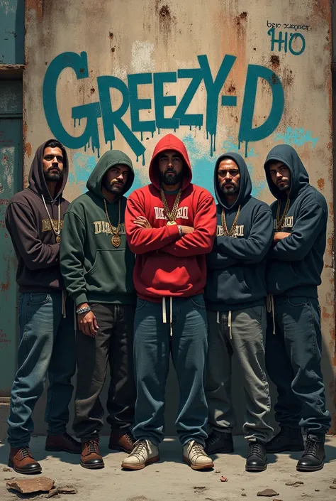 A ghetto wall with the word Greezy-D graffitied on it  with gangsters standing around 