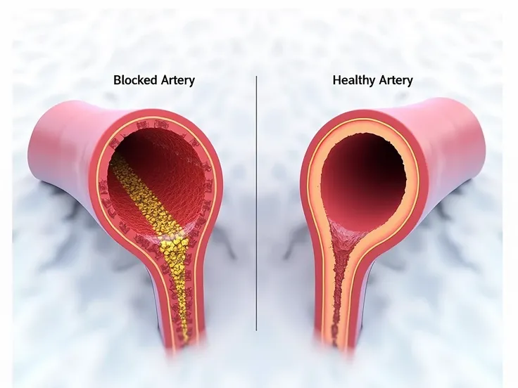 "Medical illustration showing a side-by-side comparison of two blood vessels. Split-screen visualization. Left side shows a clogged artery with visible plaque buildup and cholesterol deposits, colored in red and yellow, narrowing the blood flow passage. Ri...