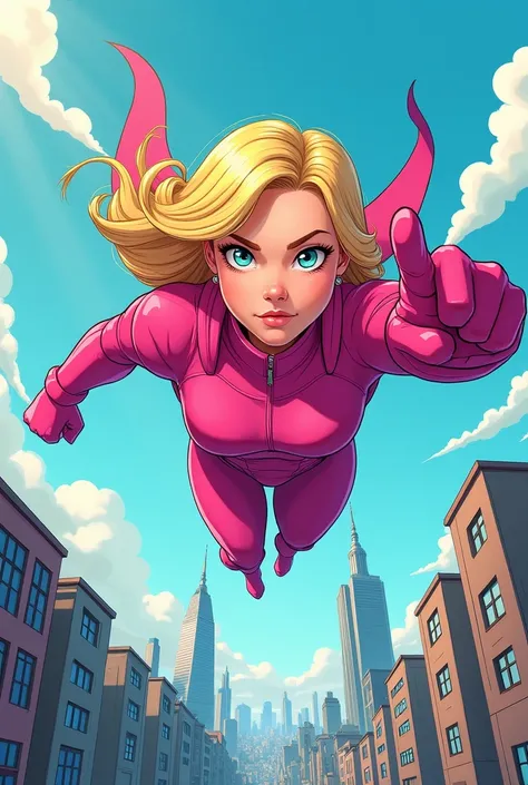 Comic cartoon Blonde superhero with hygiene powers with pink suit flying across a city from a distance