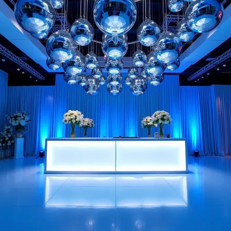  An elegant setting and modern designed for a night party , dominated by blue and white colors .  The ceiling is decorated with suspended mirror spheres that reflect blue and white lights ,  creating bright and dynamic patterns on the floor and walls .

 T...