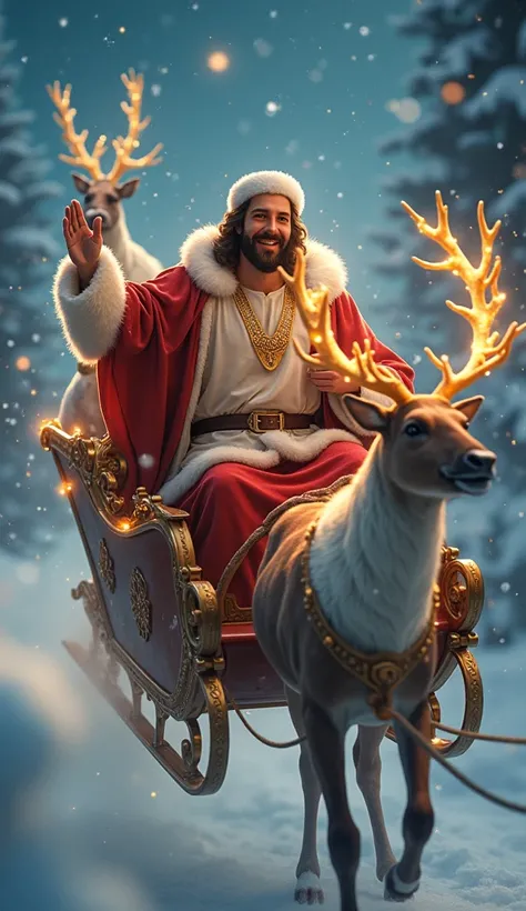  Jesus and Santa Claus sharing a joyous moment on the sleigh, BEING PULLED BY THE MAGIC REINDEER AND FALLING SNOW FLAKES AROUND."