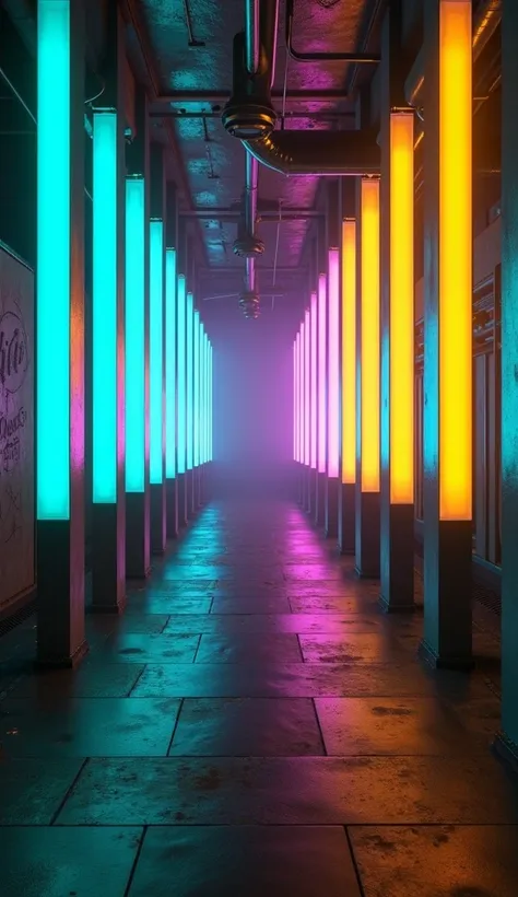 Cyber punk tunnel realistic vertical center bars thick neon phosphorescent without base, color turquoise gold purple 