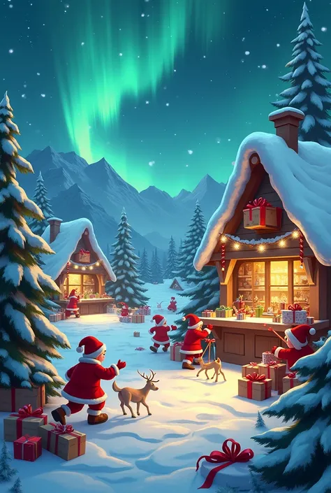 The North Pole Workshop
•	A bustling scene of elves working in Santa Trump’s North Pole workshop, building toys and wrapping presents, with a festive, wintry backdrop.
