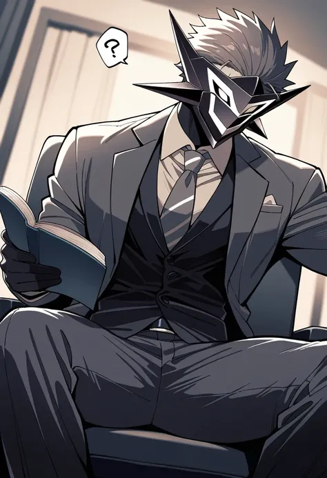 mange style,masterpiece,best quality,good quality,newest,newest,general,cinematic angle,monochrome,BREAK  Dark Hero,solo,mask of Question,mens suits,holding_book,sitting on chair,BREAK cinema,detailed background,