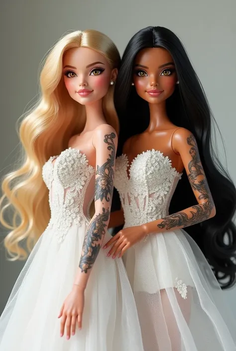 Two Barbie women one blonde and one with black hair, with tattoo on arm,  brown eyes , slender body,  long hair,  wedding dress  