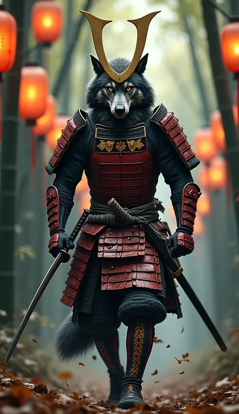  An intimidating samurai with a strong and muscular male human body ,  combined with the head of a gray wolf ,  whose eyes reflect determination and ferocity .  He wears traditional Japanese battle armor made of red and black plates,  with golden ornaments...