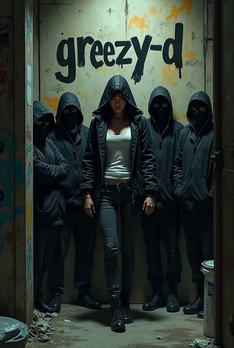 Muriel with the word Greezy-D graffitied on it  with uk masked 
gangsters standing around 