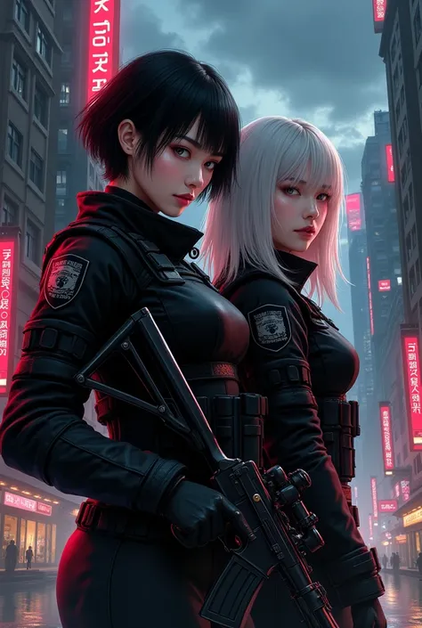  Create a lesbian fanfic cover:

 The cover features a dramatic and impactful composition . The scene takes place in an urban setting,  with black and red neon lights illuminating the tall buildings ,  creating a tense and dangerous atmosphere .  The city ...