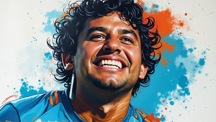  A captivating and vivid portrait of the soccer player in the reference image , Franklin Salas , The curly hair style,  designed in a procedural art style .  The artwork uses airbrushing techniques to enhance the details of his face and the white t-shirt, ...