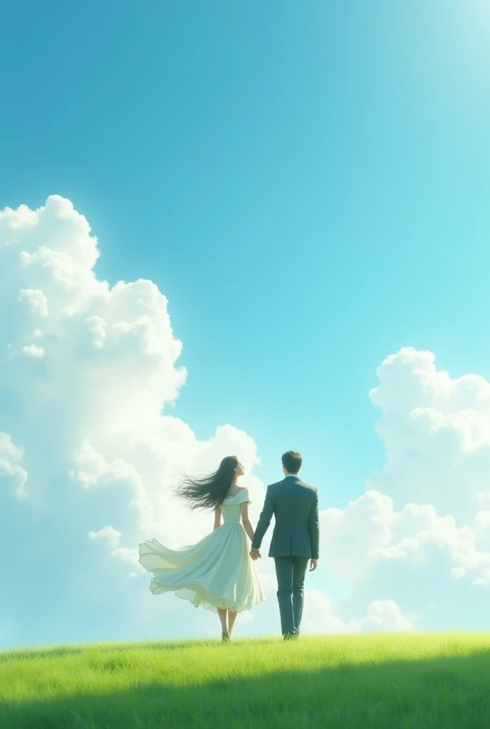 Man and woman in dress walking on grass looking at the sky 