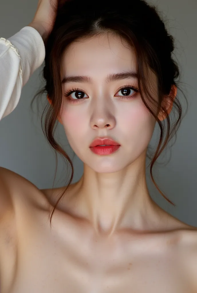 korean girl, darling,  looks at the camera , selfie,  neutral facial expression, bare-chested
'