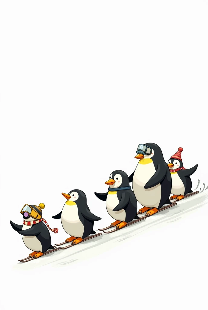 Make me a family of fats penguin doing ski, do white background make the color’s black white and yellow 