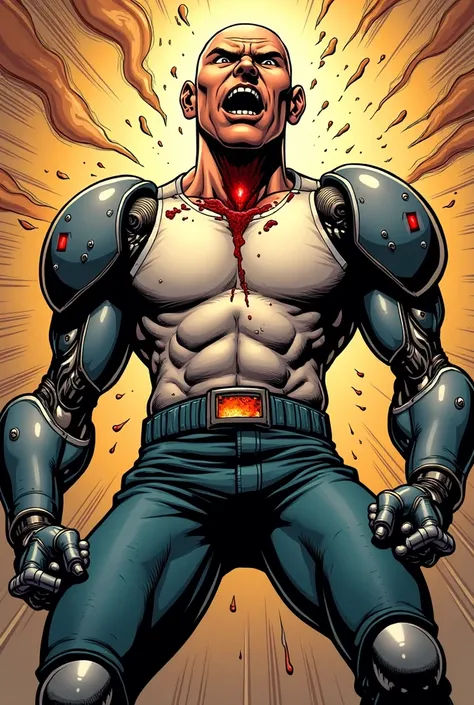  Make a bald male comic book character,  with robotic arms and legs , Screaming in a panic .  With a hole going through your forehead , allowing you to see the other side .  A lot of blood flows through this hole.  Make the comic book style image .