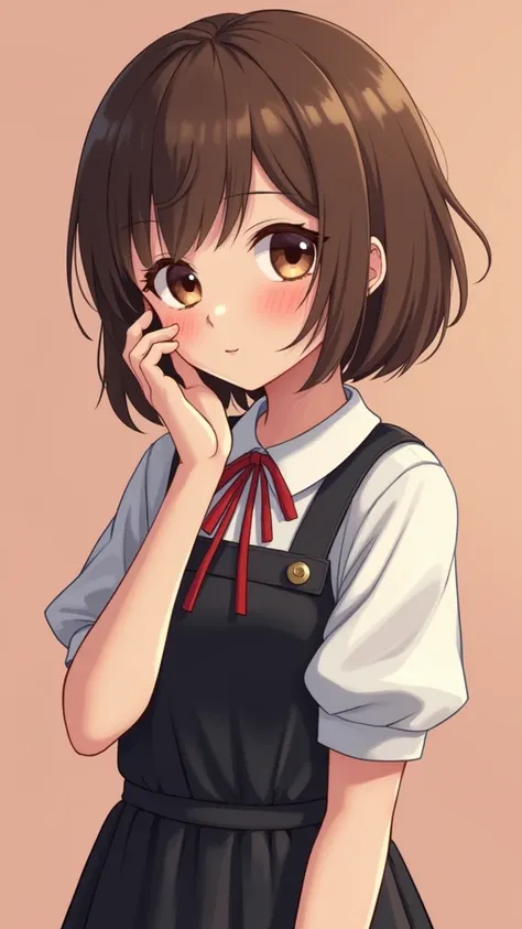 Create a short brown-haired  girl in a dress with her hand on her thoughtful head