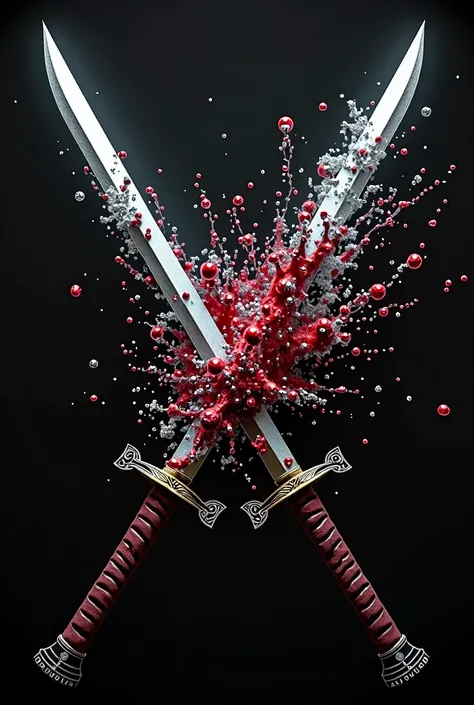 two ninja swords crossed in x with explosion of blood made of silver metal.