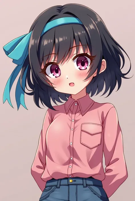  Young anime girl of medium height and build ,  with short black hair up to her shoulders with bangs that cover her forehead and pink eyes.  She is always seen with a blue ribbon in her hair running down her head .  She wore a pink blouse ;  wearing blue d...