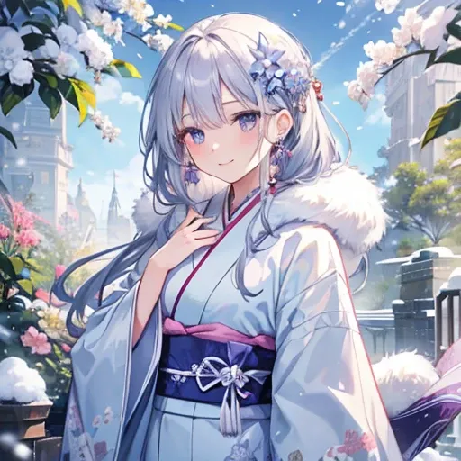  silver long hair 、Tying up hair,Earrings, Hair Ornament ,Delicate painting、 animated illustration 、Garden Background、Thin Hair, natural smile , clear blue-purple eyes, mature woman, floral kimono,light blue kimono ,Light scattered ,winter, fur scarf