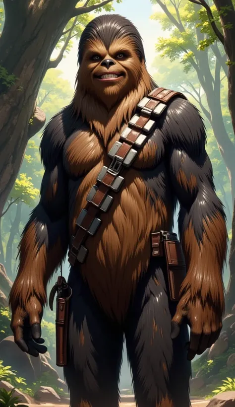 ** Detailed prompt for creating a photorealistic style image of Chewbacca :**  

" A tall and imposing creature , with 2,28 meters tall ,  covered for a dense brown coat with lighter tones in some areas ,  especially around the eyes and chest .  He has exp...