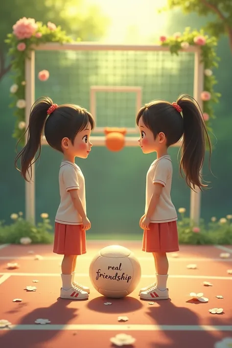 Goal with flowers on a court a ball that says real friendship