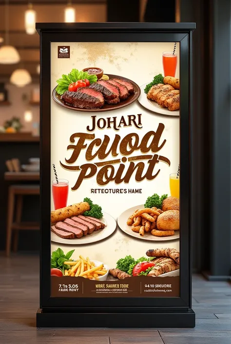 "A rectangular restaurant signboard inspired by the provided image design. The signboard features the name JOHARI FOOD POINT in bold, stylish text, placed prominently. Use warm colors like gold, brown, and white, while including images of various delicious...