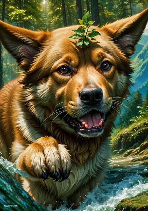 forest, Rio, mountains, ((close-up of a dog)), beautiful natural landscape,  art by Tony Sart and Artgerm and Randy Vargas, Carlos Kopinski 