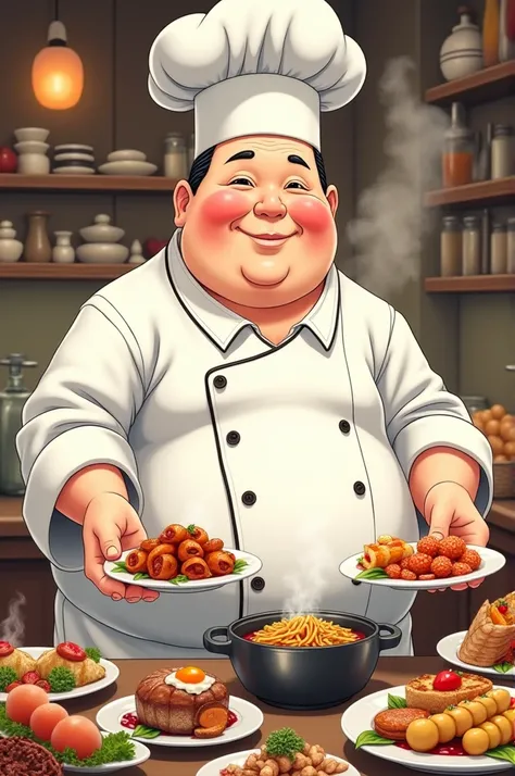  Create a male human ,  he is a chef . Do it in 3 /4 la pose y que solo sea dibujado de la cintura para arriba y  he is a chef  gordito sin bigote.  Do it with the chefs hat and that in each hand you have a different plate of food .  As the drawing will be...