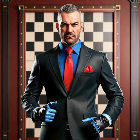 Picture in 3D. man, standing at full height, in the image of Hitman (Agent 47) brunette dark hair color, barely noticeable gray hair, with blue eyes, beard on the chin, also a moustache above the upper lip. dressed in a black suit, , a blue shirt and a red...