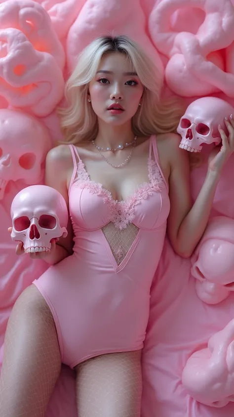 (Qingxu_ Asian beauty portrait realistic photography_V11), (Qingxu_ Asian beauty portrait realistic photography_F.11), blonde woman in pink minidress Lying on a bed surrounded by skulls, pink skeleton body, 🌺 cgsociety, matte pink armor, fantasy aesthetic!...