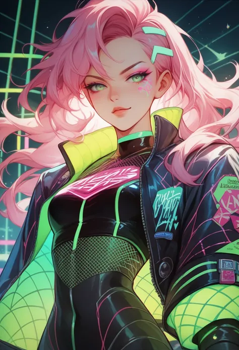 confident woman with long neon pink hair styled into sleek waves, wearing a metallic jacket with glowing green acid patterns, small breasts, anime-style, waist-up, surrounded by a swirling neon grid and glowing triangles