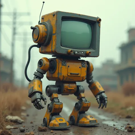 imagine a robot created with scraps, parts such as arms and legs are made from scraps and different adaptations. with the head of an old computer monitor, in vintage style, with some vintage style clothes, in a post apocalyptic setting