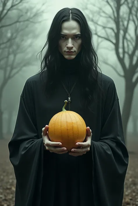 Man with grey skin, black clothes, long hair, holding a melon with both hands