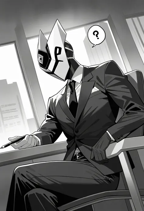 mange style,masterpiece,best quality,good quality,newest,newest,general,cinematic angle,monochrome,BREAK  Dark Hero,solo,mask of Question Embrem,mens suits,holding_pencil,sitting on chair,BREAK crapped building,detailed background,