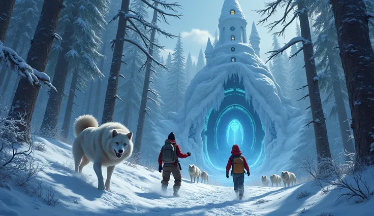  A vast snow-covered forest ,  full of tall trees with frozen branches . ren walk as a team ,  facing white wolves that appear in the shadows ,  while Lucas uses his drone to search for a safe route . Then,  a dark and mysterious cave with ice crystals eve...