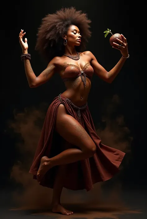  black woman , realistic, mysticism, dancing,  holding a cacao fruit,  black background, brown aura 