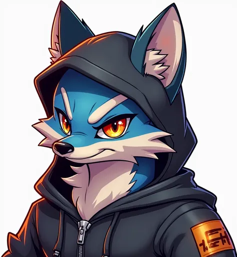 Create a logo for a ROBLOX server with the name “TURMA DO FURIA” with A BLUE FOX ON THE FACE WEARING A HOOD, ANIMATED FURIOSA the name of the server on the screen