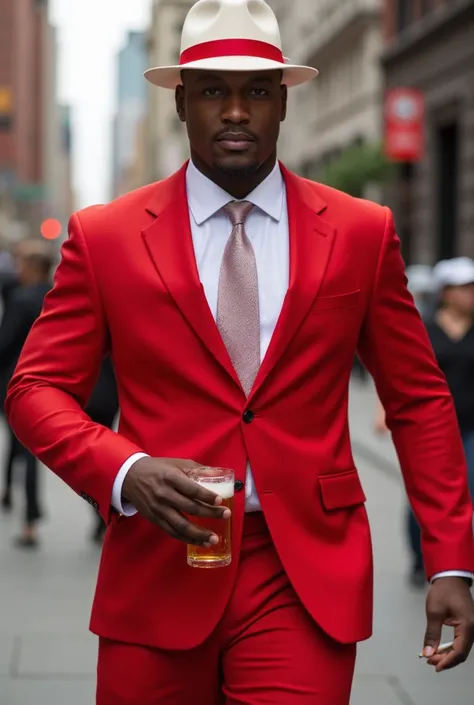 creates an image of a man, in a red suit, white tie, with a white hat with a red stripe, with dark skin walking on the road with a glass of beer and a cigarette in his hands