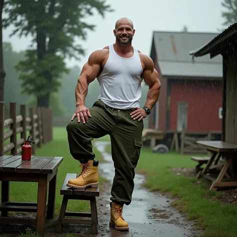 A muscular, professional bodybuilder with pale skin, white skin striking a confident pose in the backyard of a rustic farm during a rainstorm. He is wearing a loose-fitting white tank top, green military-style pants, and cream-colored boots resembling Timb...