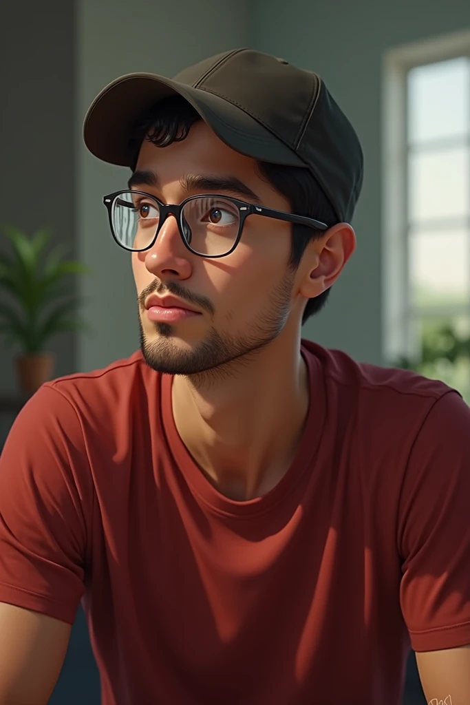 A boy wearing a cap, red shirt, clear glasses, black hair, short beard, sitting 