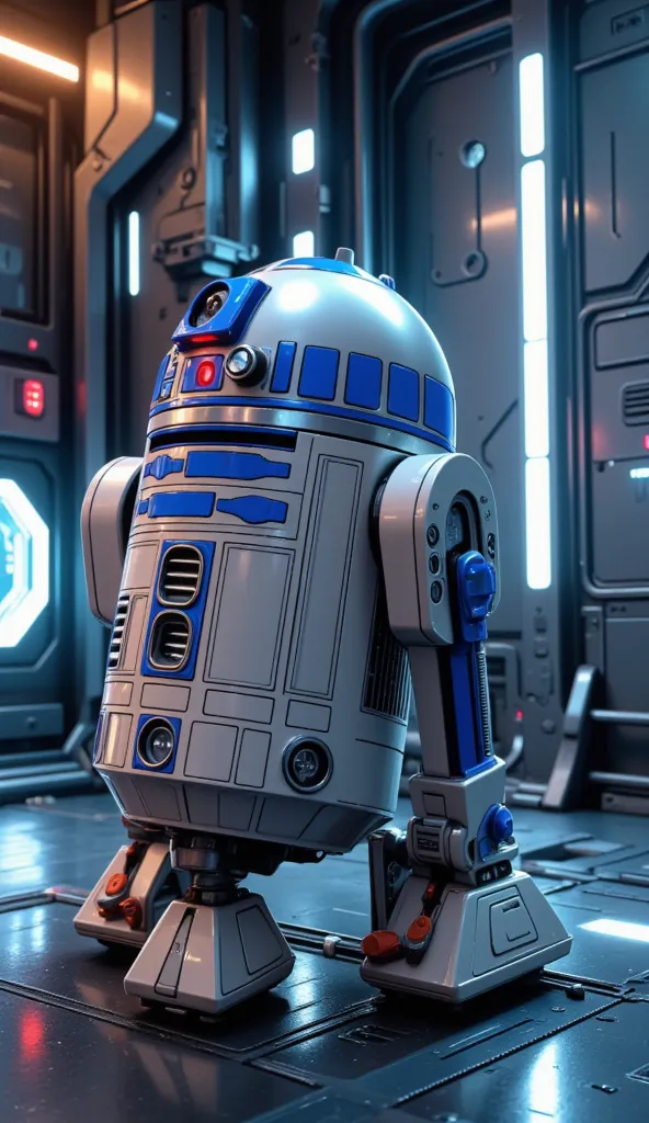 ** prompt for a detailed photo of r2-d2 :**  

" a small futuristic astromechanical robot with a cylindrical shape and compact ....