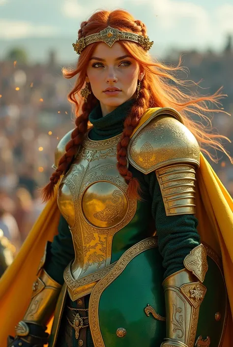 ((portrait, upper body ,  armored female paladin , worn glossy emerald lacquered armor:1.4, Golden filigree, etched, golden cloak, golden tiara [ red hair : 0.8]))),  blackout eyeshadow , iron tiara ), braids, ((( shining radiant white star engraved sword,...