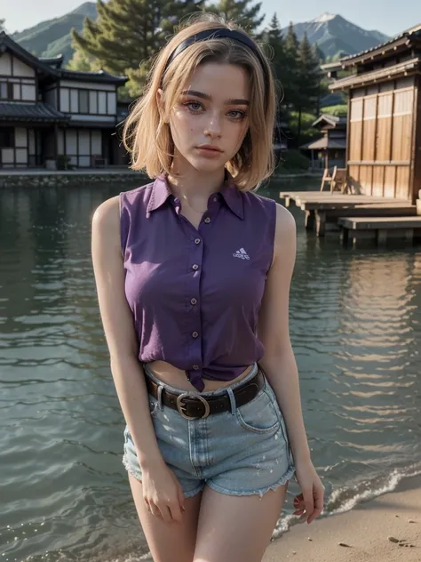 1 woman, mature woman, solo, NOT DASHA TARAN, full body standing, perfect body, best quality, 32k, photograph, full body (head to toe), tone mapping, ((houjou satoko,short hair,black hairband,blonde hair,violet eyes,hair between eyes,collared shirt,sleevel...