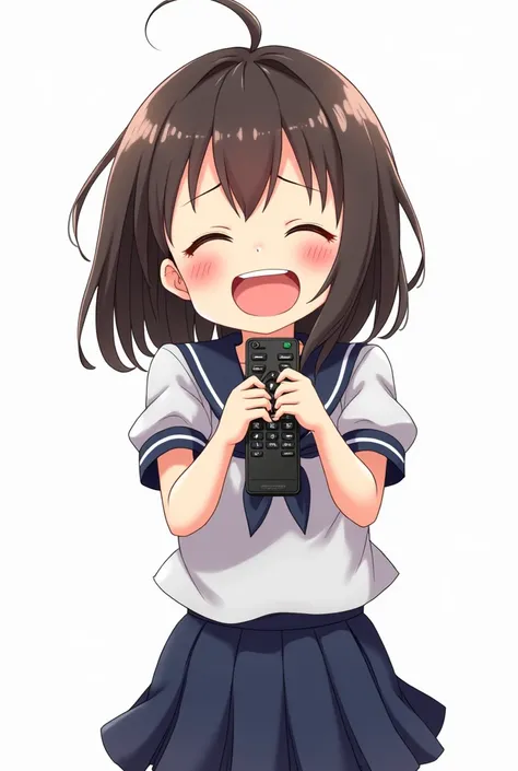 Girl in high school uniform anime image with a television remote control white background and full body with emotion of joy and embracing the TV control 

And Presenting control with joy and nervousness on the cheek