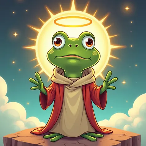 an illustration of pepe frog that its Saint, cartoon style